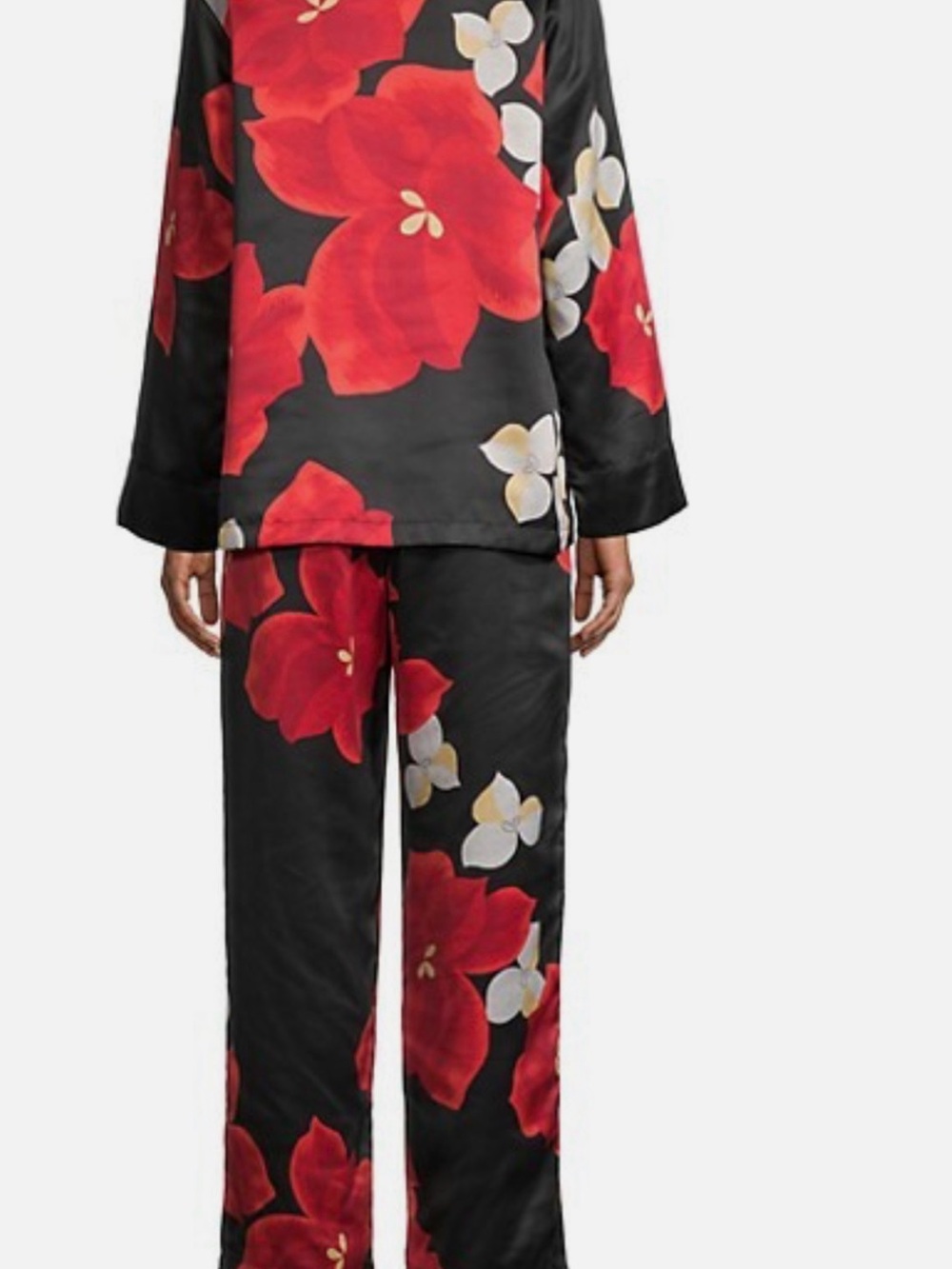 Natori Floral Satin Pajama Set Black Red XS Button Down and Pants - Picture 2 of 9